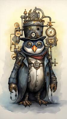 Steampunk Digital Art - Steampunk Penguin Short and Confused by EML CircusValley