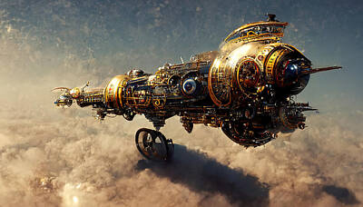 Recently Sold - Science Fiction Paintings - Steampunk Spaceship, 04 by AM FineArtPrints