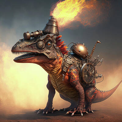Steampunk Photos - Steampunk stegosaur dinosaur with erupting volcano, generative Ai #aYearForArt  by Steve Estvanik