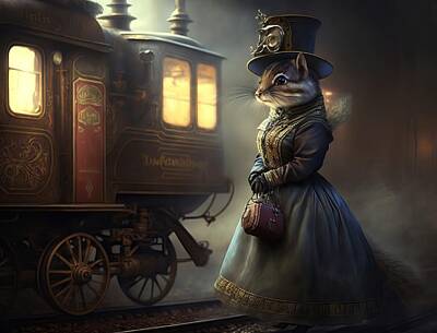 Steampunk Royalty Free Images - Steampunk Victorian Chipmunk with Train Royalty-Free Image by Karen Foley