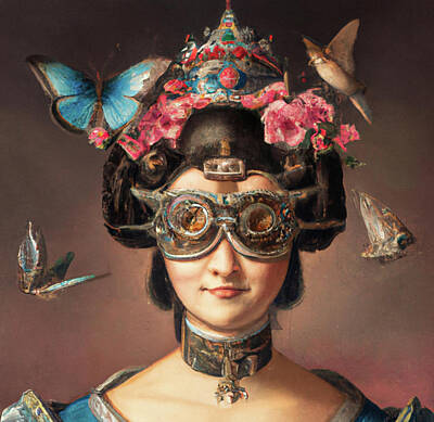 Mountain Royalty-Free and Rights-Managed Images - Steampunk Woman with Floral Top Hat, Goggles, Altered Painting Portrait 04 by Ricki Mountain