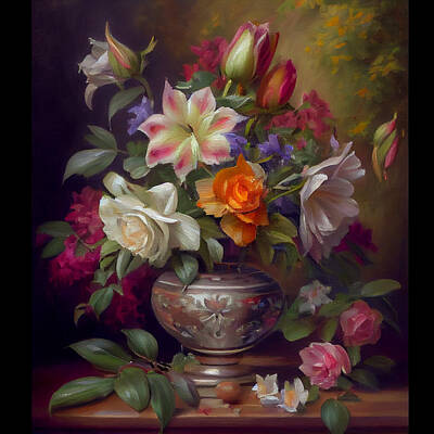Still Life Digital Art Royalty Free Images - still  life  flowers  oil  painting  by Asar Studios Royalty-Free Image by Celestial Images