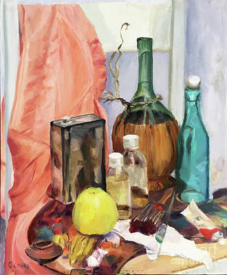 Wine Paintings - Still life of a Yellow Apple, Bottles, Palette and Paintbrush on a Chair by Greta Corens