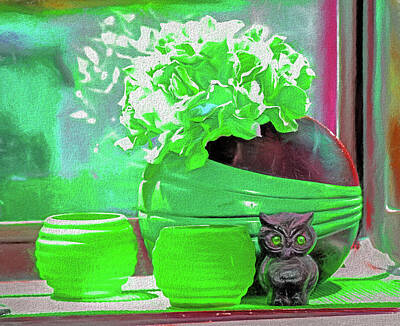 Still Life Mixed Media - Still Life Round Vases with Owl in Green by Linda Brody
