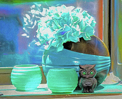 Still Life Mixed Media - Still Life Round Vases with Owl  by Linda Brody
