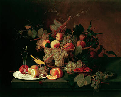 Still Life Paintings - Still Life With Fruit, Goblet, and Canary by Severin Roesen by Mango Art