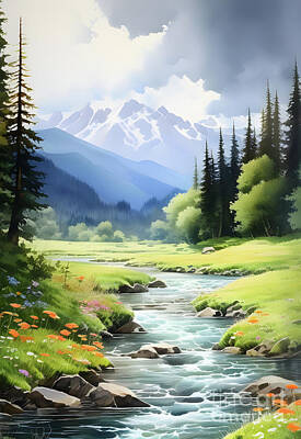 Airplane Paintings Royalty Free Images - Stream flowing through a peaceful meadow Royalty-Free Image by Sen Tinel