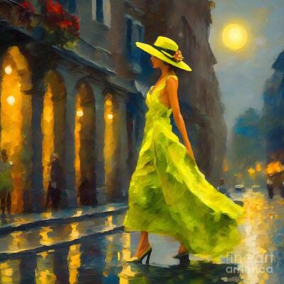 Cities Digital Art Royalty Free Images - Strolling in Chartreuse Fashion Royalty-Free Image by Laurie