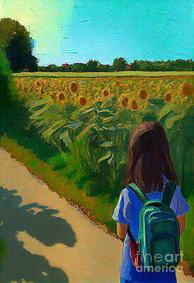 Sunflowers Digital Art - Student  by  the  sunflower  field  waiting by Asar Studios by Celestial Images