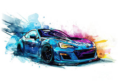 Sports Paintings - Subaru BRZ STI watercolor abstract vehicle by Clark Leffler