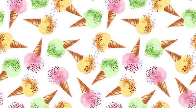Food And Beverage Drawings - Summer assorted ice dessert color watercolor drawing. Ice-cream balls in corn hand drawn background. Seamless pattern raster illustration.Hand painted sweet summer dessert background  by Julien