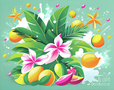 Lilies Digital Art - Summer celebration - a colorful oasis of fruit and flowers by Sen Tinel