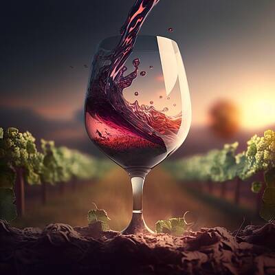 Wine Digital Art Royalty Free Images - Summer in the Vineyard Royalty-Free Image by HusbandWifeArtCo