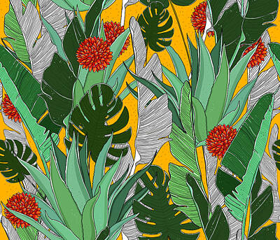Floral Drawings Rights Managed Images - Summer jungle pattern with bright colors. Jungle seamless pattern with big palm leaves. Exotic palm leaves and cactuses Royalty-Free Image by Julien