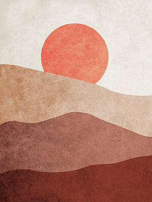 Abstract Landscape Mixed Media - Sun Over The Hills - Abstract Minimal Landscape - Boho, Organic Art - Terracotta Brown by Cosmic Soup