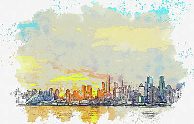 Comedian Drawings - Sun Rises on the New York Skyline, ca 2021 by Ahmet Asar, Asar Studios by Celestial Images