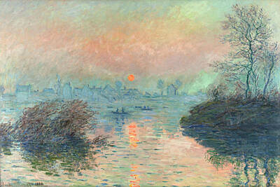Paris Skyline Paintings - Sun setting on the Seine at Lavacourt by Claude Monet