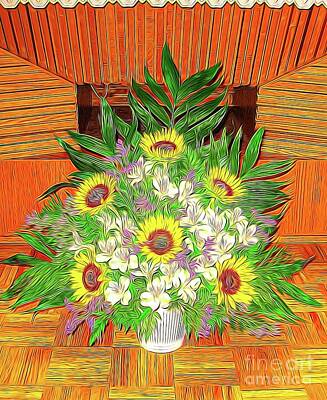 Sunflowers Rights Managed Images - Sunflower Floral Arrangement in Vase Abstract Royalty-Free Image by Rose Santuci-Sofranko