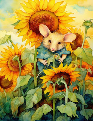 Sunflowers Royalty-Free and Rights-Managed Images - Sunflower Mouse Whimsical and cute 2 of 17 by EML CircusValley