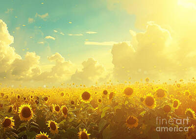 Sunflowers Paintings - Sunflower Symphony A field of sunflowers swaying in the warm breeze under a sunny sky by Eldre Delvie
