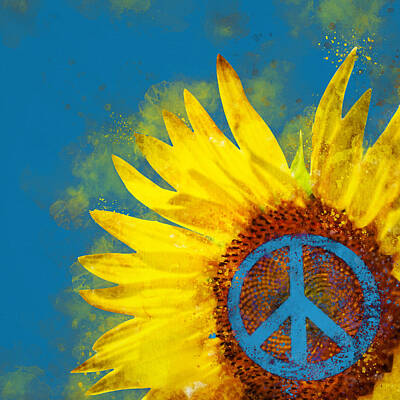 Sunflowers Digital Art - Sunflower with peace symbol for Ukraine by Western Exposure