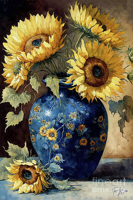 Sunflowers Royalty-Free and Rights-Managed Images - Sunflowers In The Blue Vase by Tina LeCour