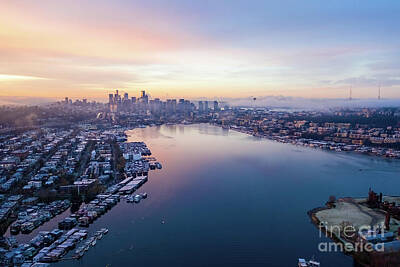 Skylines Rights Managed Images - Sunrise Over Seattle Lake Union Cityscape Royalty-Free Image by Mike Reid