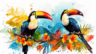 Birds Paintings - Sunrise Serenade - Toucan Couple Welcomes the Day with Dazzling Plumage by Lourry Legarde