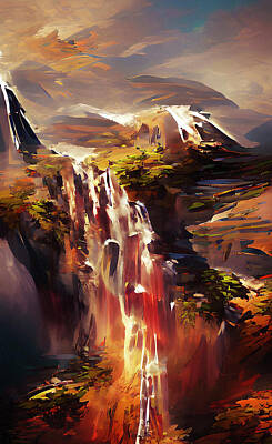 Mountain Mixed Media - Sunset Falls Abstract Realism by Georgiana Romanovna