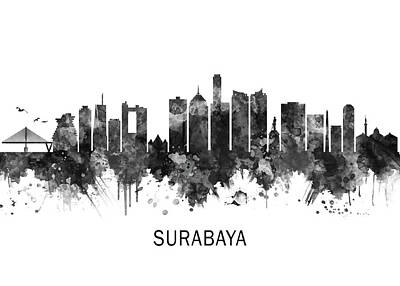 City Scenes Mixed Media - Surabaya Indonesia Skyline BW by NextWay Art