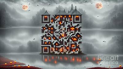 Surrealism Mixed Media Rights Managed Images - Surreal Halloween Castle QR Code - Scan QR Code for Halloween Music Royalty-Free Image by Artvizual Premium