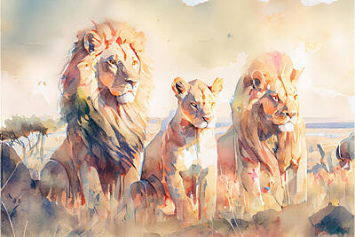 Surrealism Digital Art Royalty Free Images - Surreal  render  watercolor  painting  of  lions  by Asar Studios Royalty-Free Image by Celestial Images