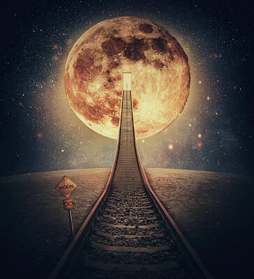 Best Sellers - Surrealism Royalty-Free and Rights-Managed Images - Surreal scene and a railway leading up to the moon. Imaginary ni by PsychoShadow ART