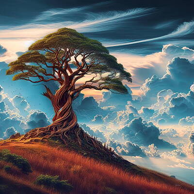 Surrealism Photo Royalty Free Images - Surreal Twisted Tree on Hill with Dramatic Cloudscape Royalty-Free Image by Russ Harris
