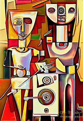 Surrealism Royalty Free Images - Surrealism  art  a  family  of  three  smiling  robots  ae  bc  eee    cabce by Asar Studios Royalty-Free Image by Celestial Images