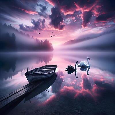 Skylines Digital Art - Swan Lake Reflections  by Lisa Pearlman