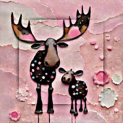 Mammals Digital Art - Sweet Mama Moose and Her Baby by Laurie