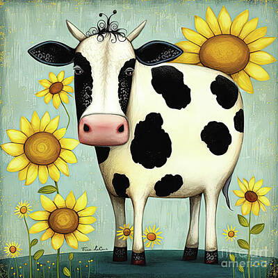 Sunflowers Paintings - Sweet Sunflower Cow by Tina LeCour