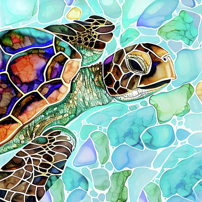 Abstract Mixed Media - Swimming turtle painting by Tatiana Travelways