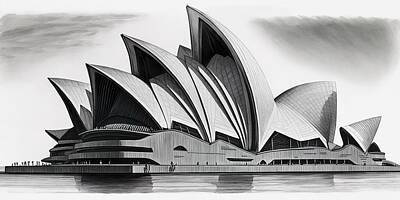 Skylines Drawings - Sydney Opera House by HusbandWifeArtCo
