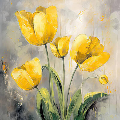 Florals Digital Art - Symphony of Color and Texture - Yellow and Grey Art by Lourry Legarde
