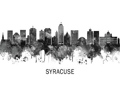 Skylines Mixed Media - Syracuse New York Skyline BW by NextWay Art