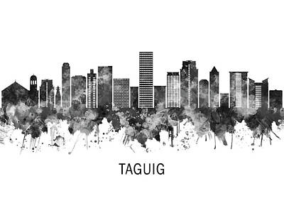 City Scenes Mixed Media Rights Managed Images - Taguig Philippines Skyline BW Royalty-Free Image by NextWay Art