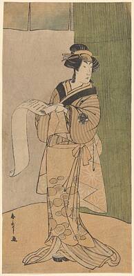 Actors Paintings - Tall Actor as a Woman Reading a Letter by Bamboo Screen ca 1775 1800 Katsukawa Shuncho Japanese by Katsukawa Shuncho