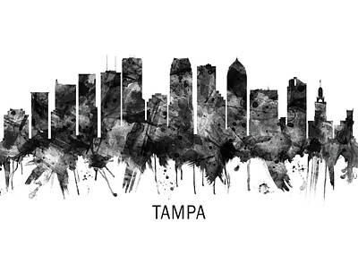 Abstract Skyline Mixed Media - Tampa Florida Skyline BW by NextWay Art