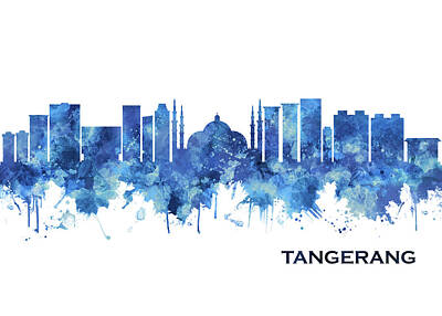 City Scenes Mixed Media - Tangerang Indonesia Skyline Blue by NextWay Art