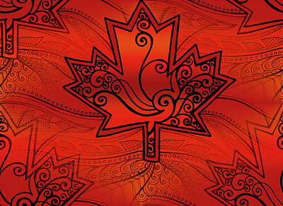 Bear Paintings - Tangle Pattern Maple Leaf Coloured tiled digitally by Katherine Nutt