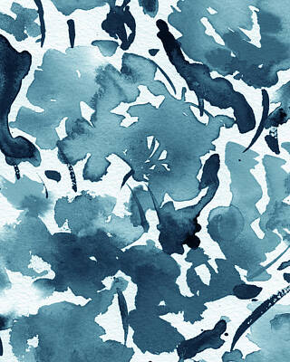 Antique Maps - Teal Blue Floral Watercolor Abstract Flowers Color Garden Splash I by Irina Sztukowski