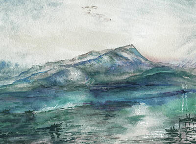Lucille Ball - Teal Blue Mountain Ridge With The Lake Shore Watercolor  by Irina Sztukowski