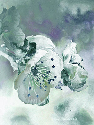 Food And Beverage Paintings - Teal Blue Watercolor Blossoms On A Tree by Irina Sztukowski